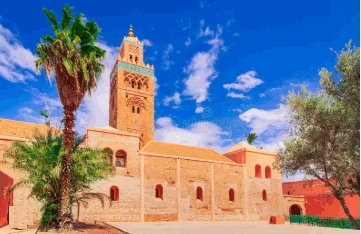 The Koutoubia Mosque, a prominent landmark in Marrakech, Morocco,